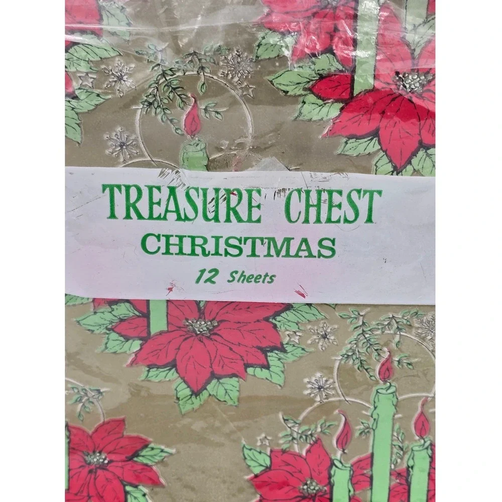 Vintage‎ Treasure Chest Christmas Wrap Poinsettia Candle Holly Berries 12 Sheets